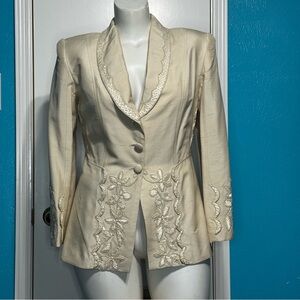 ANYA 100% Silk Shantung Cream Beaded & Embroidered Women's Blazer 90s Vintage 10